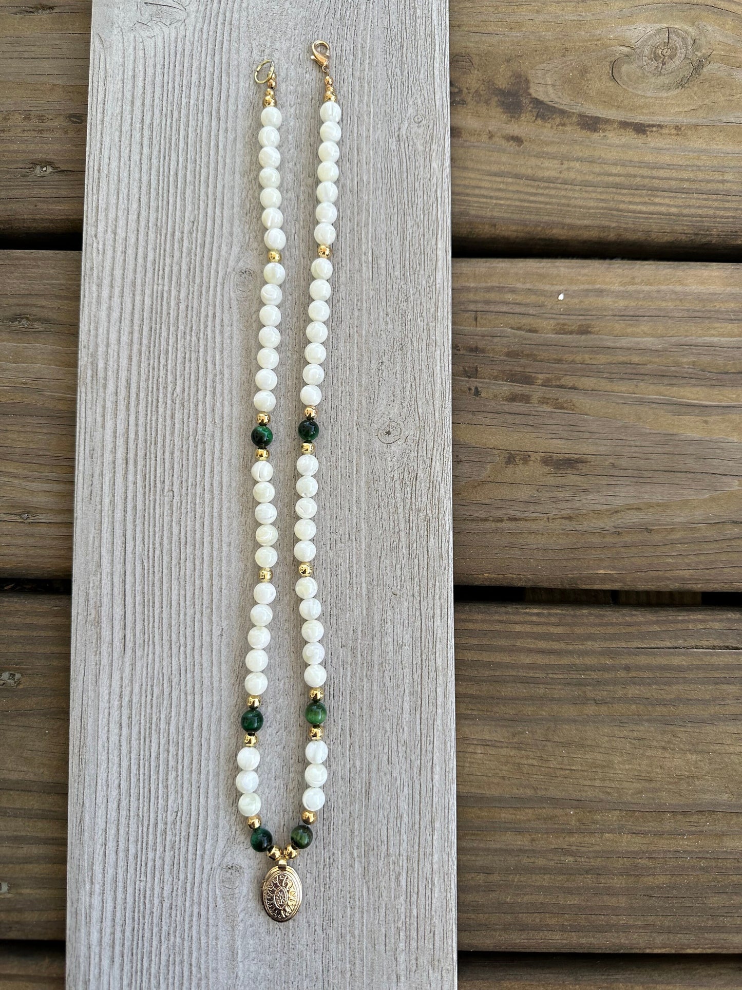 Mother of Pearl Pendant Necklace, Chunky, Boho, Locket Pendant, Gemstone Necklace, Gift for Her, Green Tiger Eye, Prosperity,  Courage, 26”