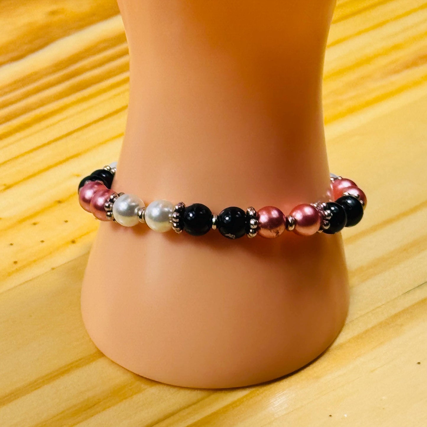 Black Onyx Stretch Bracelet, Pearl Stretch Bracelet, Minimalist, Boho, Beaded, Handmade, Strength, Confidence, New Beginning, Resilience, 7”