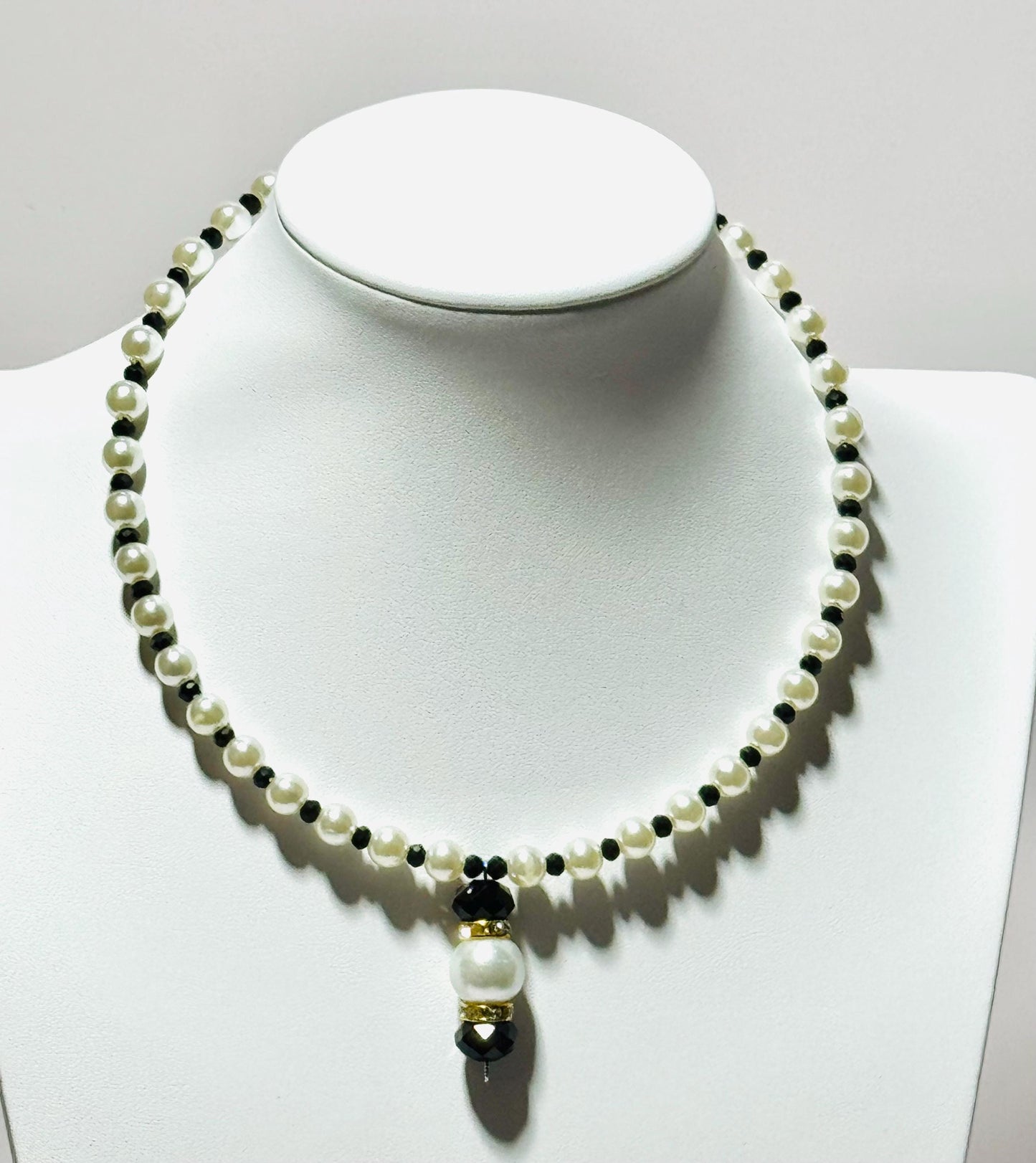 Beaded Pendant Necklace, Pearl Choker Pendant Necklace, Large Pearl & Faceted Black Beads Pendant, Rhinestone Rondelles, 17”, Gift for Her