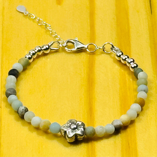 Handcrafted Amazonite Bracelet, 925 Sterling Silver, Karen Hill Tribe Floral Centerpiece, Adjustable with Extender Chain 6.5” - 7.75”