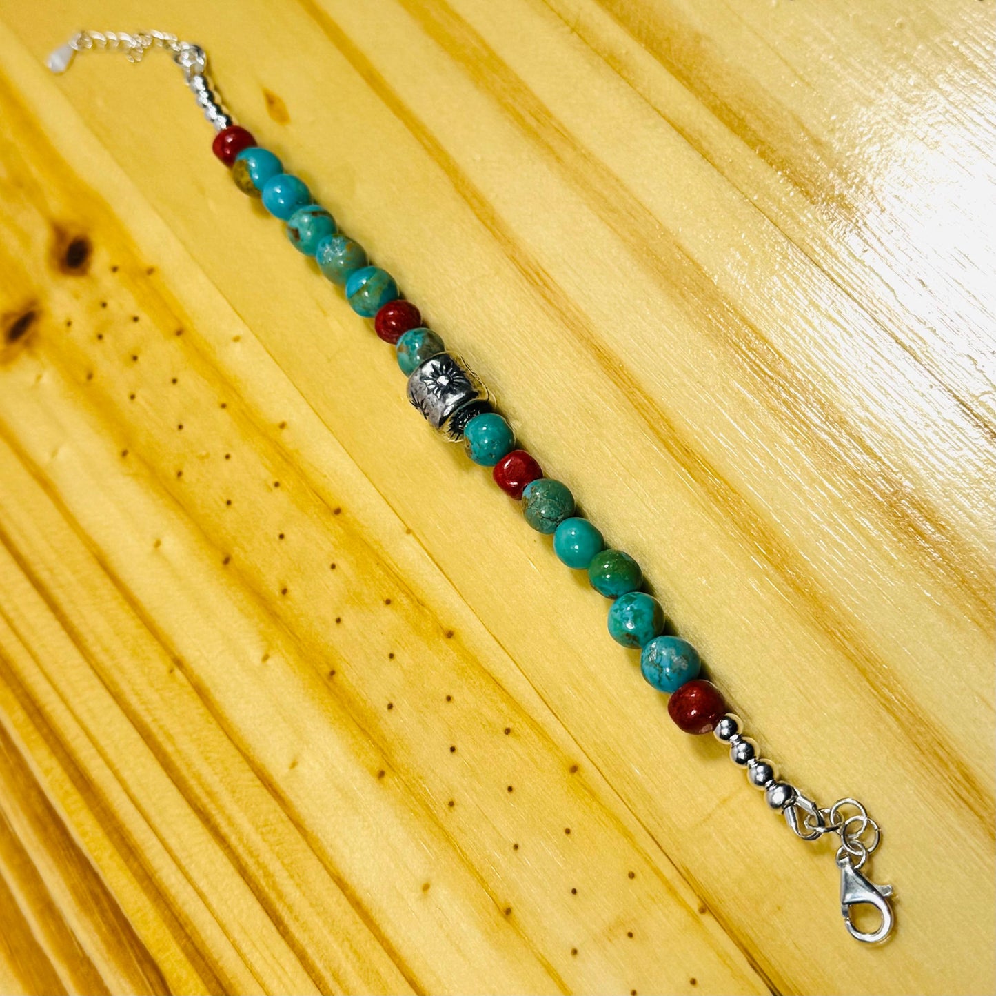 Handcrafted 925 Sterling Silver Bracelet – Kingman Turquoise AAA Blue/Green, Apple Coral Sun Centerpiece, Chain Extender   6.5” - 8”