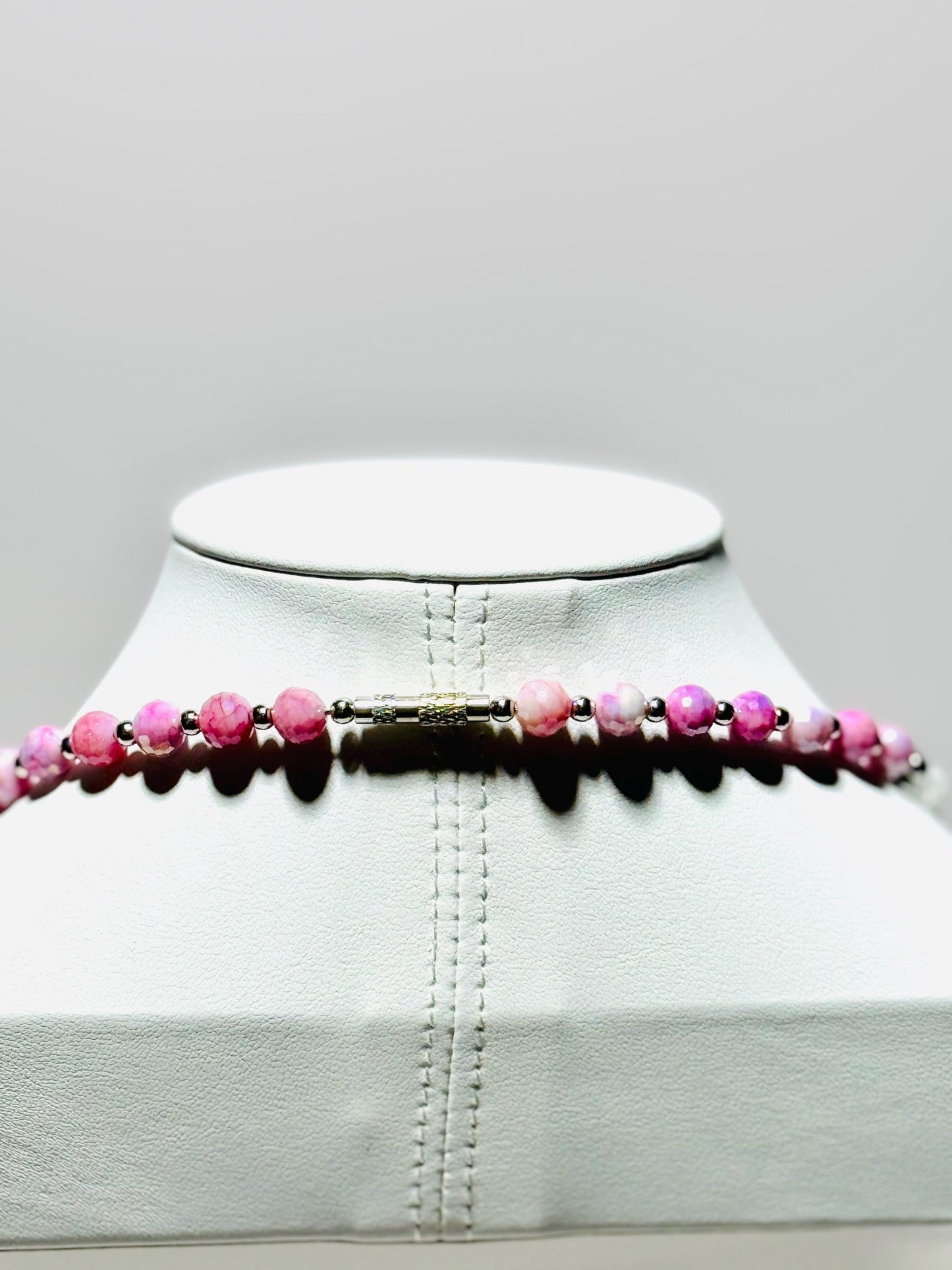 Beaded Pendant Necklace, Pink Choker Pendant Necklace, Rose Lamp Work Bead Pendant with Faceted White Glass Beads, 17”, Gift for Women