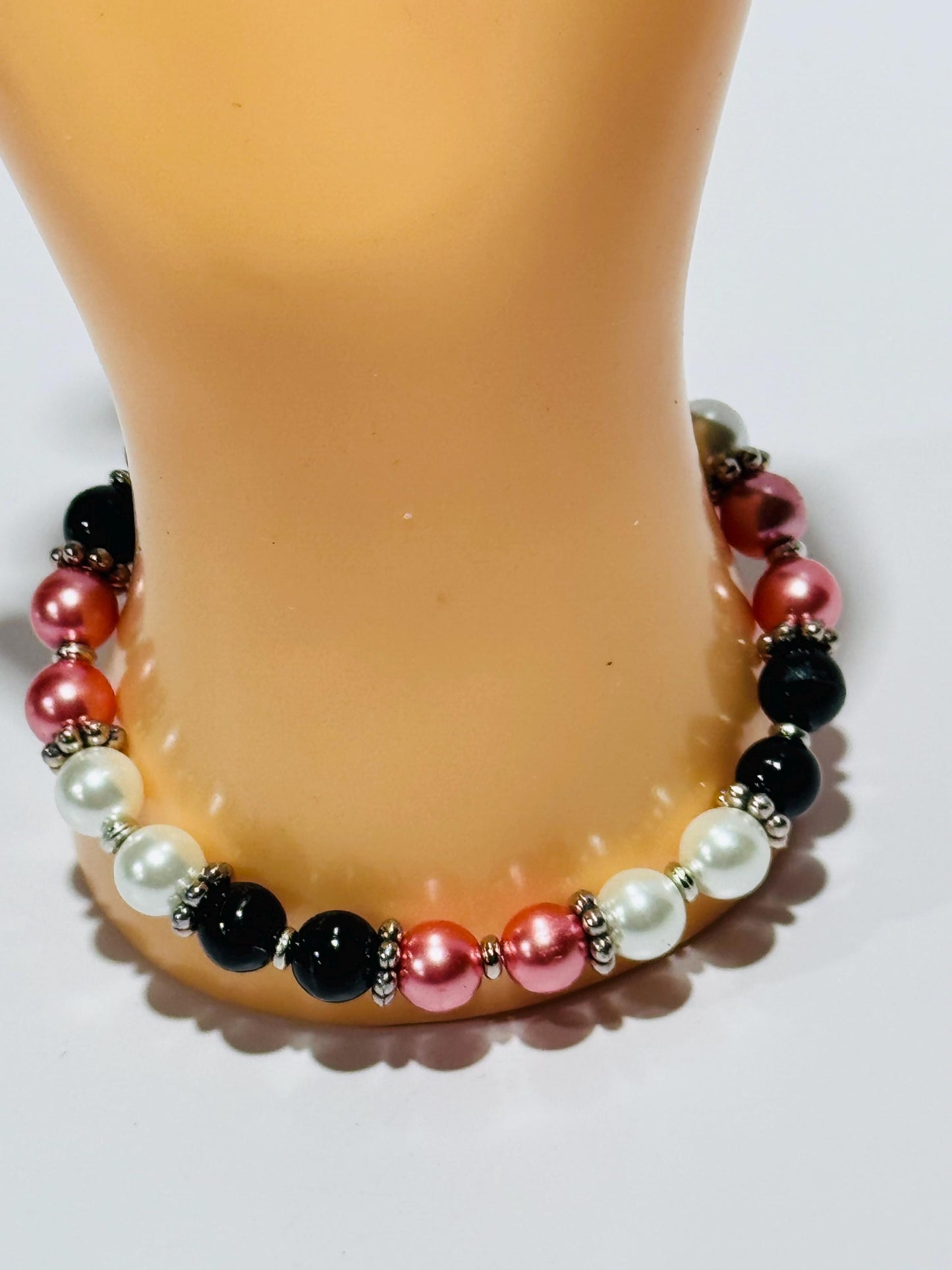 Black Onyx Stretch Bracelet, Pearl Stretch Bracelet, Minimalist, Boho, Beaded, Handmade, Strength, Confidence, New Beginning, Resilience, 7”