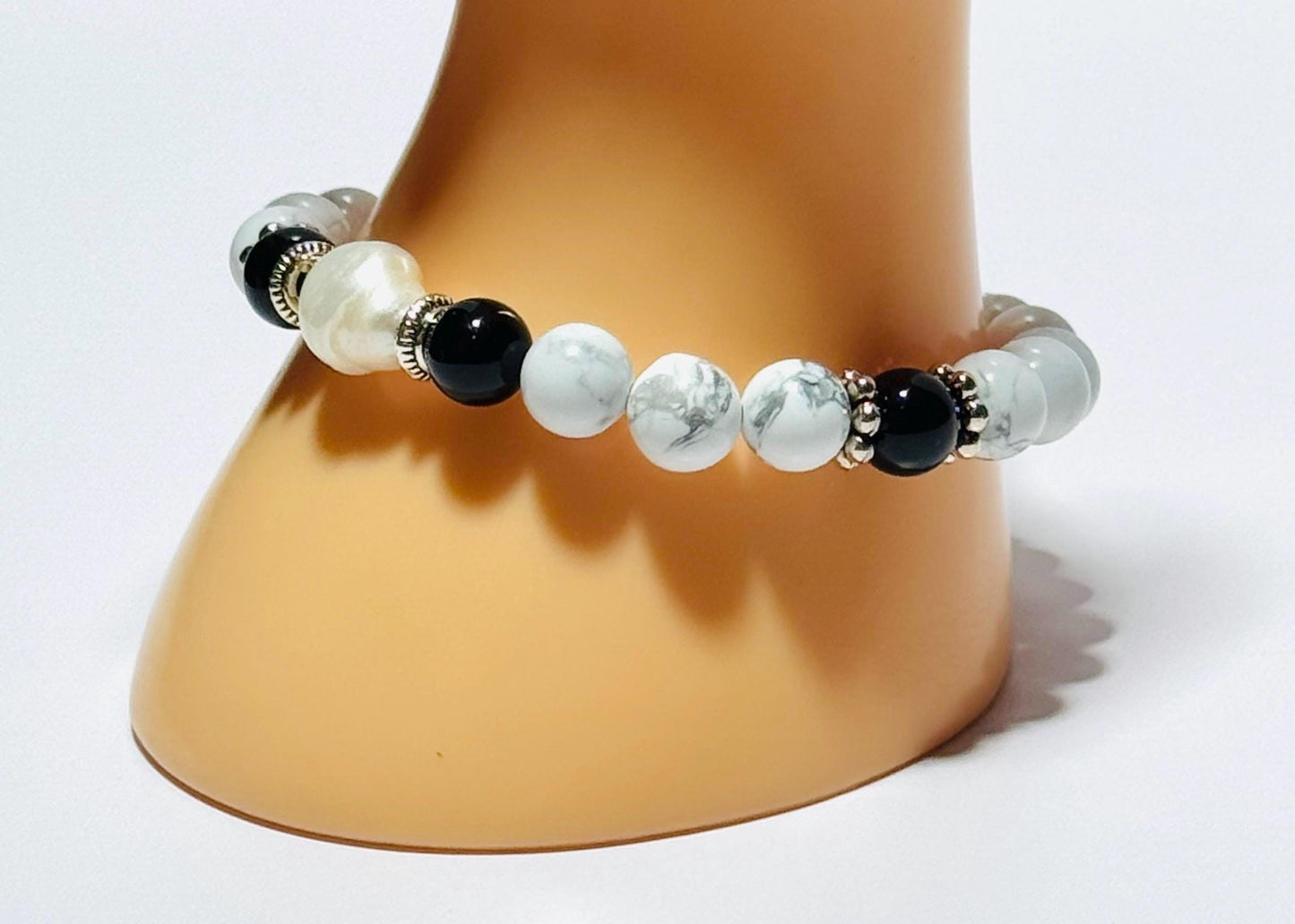 Natural White Howlite, Black Onyx & Potato Pearl 6 3/4” Stretch Bracelet Clarity, Patience, New Beginnings Handmade Beaded Gemstones