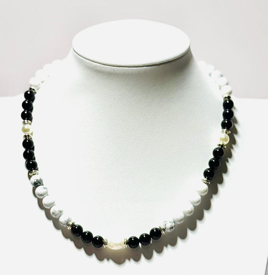 Natural Howlite Necklace, Minimalist, Black Onyx, Pearl Necklace, Handmade, Beaded, Gemstone, Gift for Her, 18” New Beginnings, Clarity
