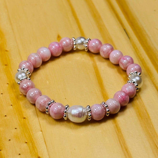 Pink Opalescent Crystal Bracelet, Pearl Stretch Bracelet, Fresh Water Pearl Bracelet, Boho Bracelet, Minimalist, Stacking, Gift 6.5”