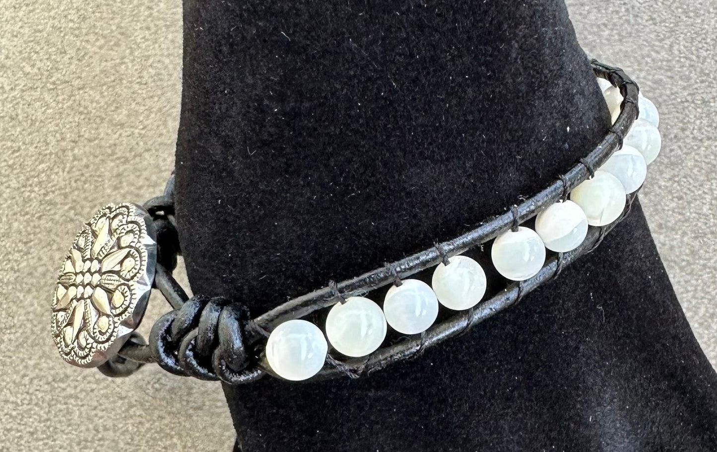 Stunning White Mother of Pearl Shell Black Leather Trim Bracelet 7 3/4” - 8” Wrist Prosperity Courage Grit Energy Gift
