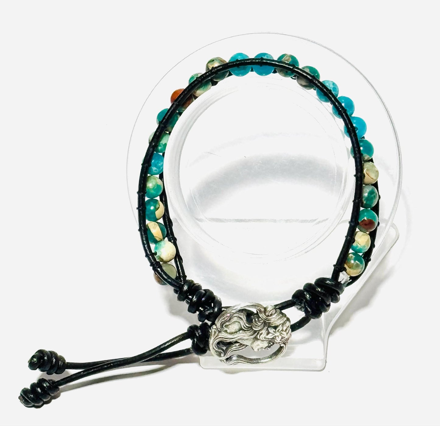 Peace, Tranquility, Spiritual Growth, Strength, Healing, Root & Heart Chakras, Imperial Jasper Leather Bracelet, Button Closure, 7” - 7.5”