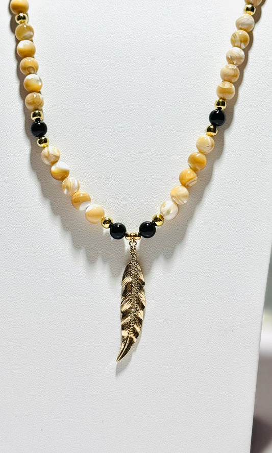 Mother of Pearl Pendant Necklace, Leaf Pendant, Black Onyx, Tiny Rhinestones, Chunky, Boho, Bohemian, Gift for Her, 28”