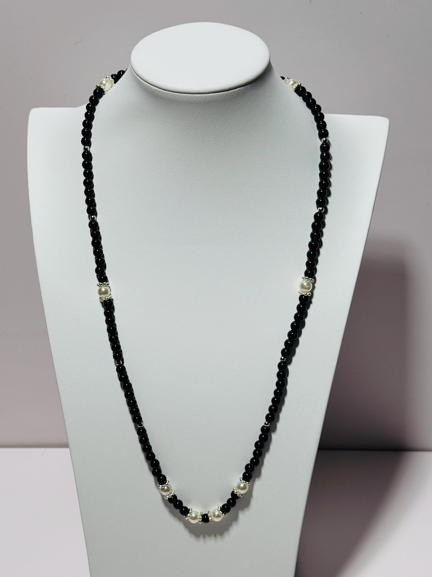 Black Onyx Beaded Necklace, Pearl Necklace, Beaded Necklace,  Healing Necklace, Handmade Necklace 28 3/4”, Strength, Confidence, Resilience