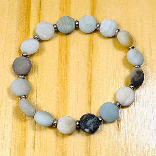 Enhances Love, Anxiety, Trauma, Healing, Integrity, Fatigue, Soothes Aggravated Situations, Natural Matte Amazonite Bracelet, Stretch, 6.5”