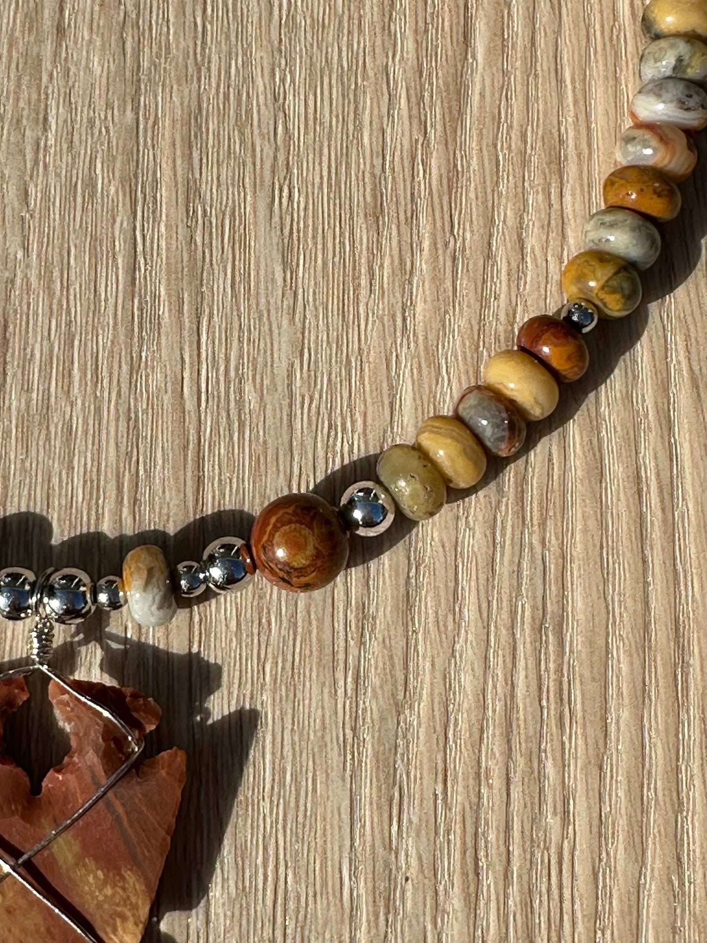Beaded Pendant Necklace, Gemstone Necklace, Choker Necklace, Flint Arrowhead Pendant, Gift for Her, Agate, 17”, Encouragement