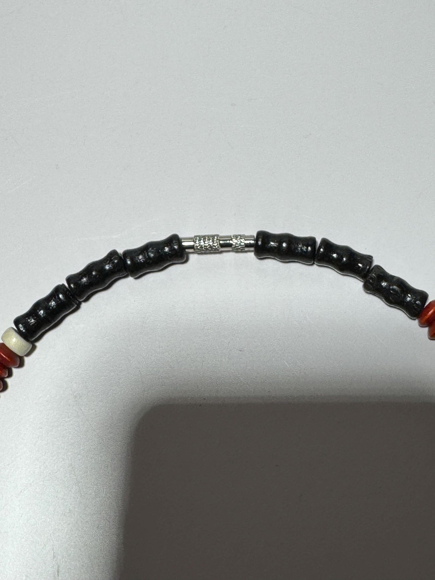 Beaded Necklace, Choker Necklace, Carved Bone Center Piece, Wood Beads, 17”