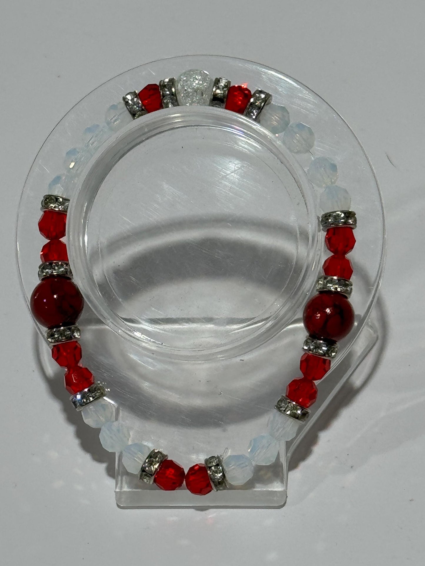 Rhinestone Red Quartzite Bracelet, Stretch Bracelet Handmade Beaded Bracelet, Red & White Faceted Glass Beads - Stacking, Boho, 7 1/2” Gift