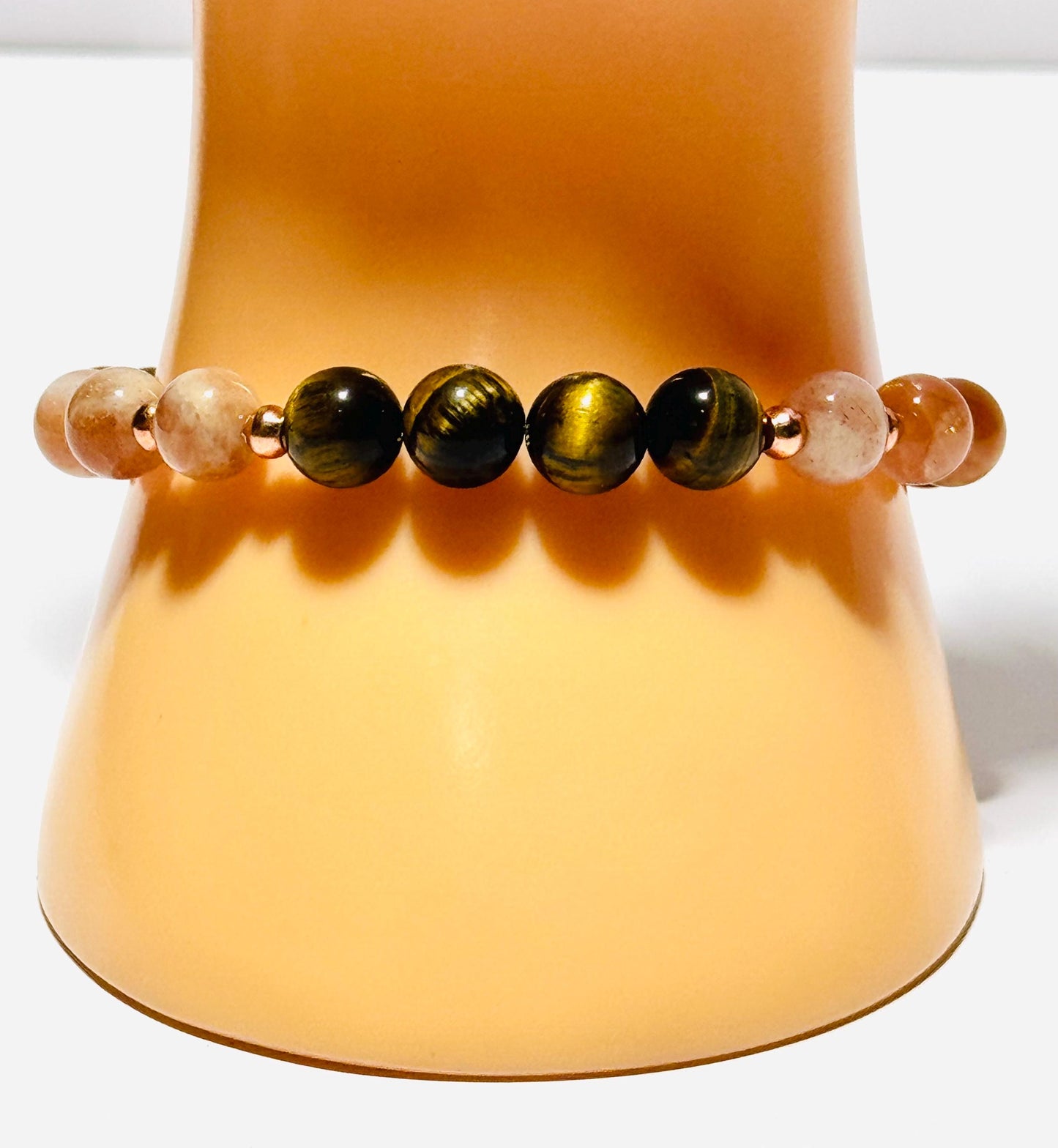 Natural Tiger Eye Bracelet, Gemstone Bracelet, Stretch Bracelet, Minimalist Bracelet, Boho Jewelry, Copper Beads, Dainty, 6.5”
