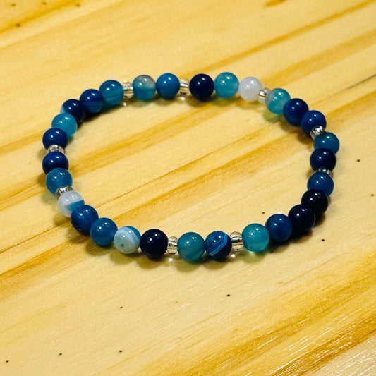 Stress, Anxiety, Emotional Balance, Tranquility, Empathy, Blue Agate Bracelet, Stretch Bracelet, Boho, Minimalist, Stacking Bracelet, 7.5"”