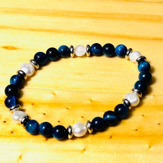 Protection, Spiritual Growth, Mental Clarity, Empathy, Confidence, Patience, Strength, Tiger Eye Bracelet, Freshwater Pearl Bracelet, 7”