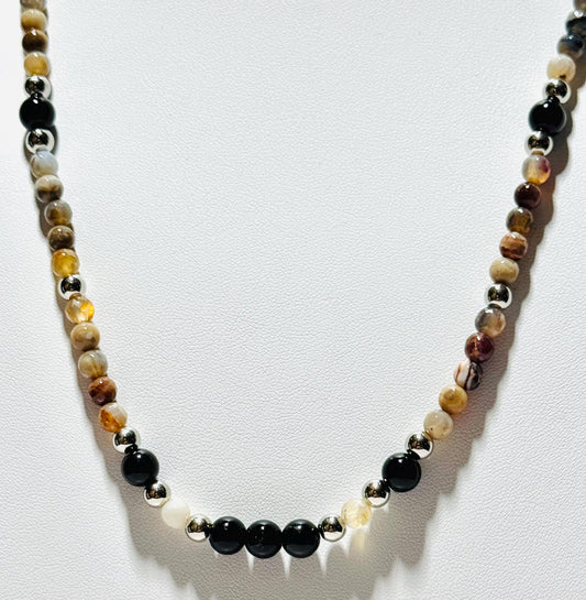 Fire Agate Necklace, Minimalist, Boho, Black Onyx Necklace, Handmade, Gift for Her, 25” Semi Precious Gemstones, Courage, Creativity