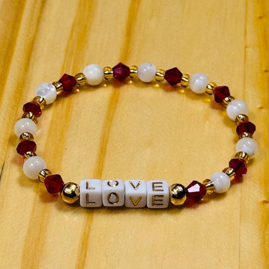 Love Bracelet, Love Charm, Mother of Pearl Charm Bracelet, Boho, Minimalist, Dainty, Stretch Bracelet, Beaded, Bohemian, Gift, 7”