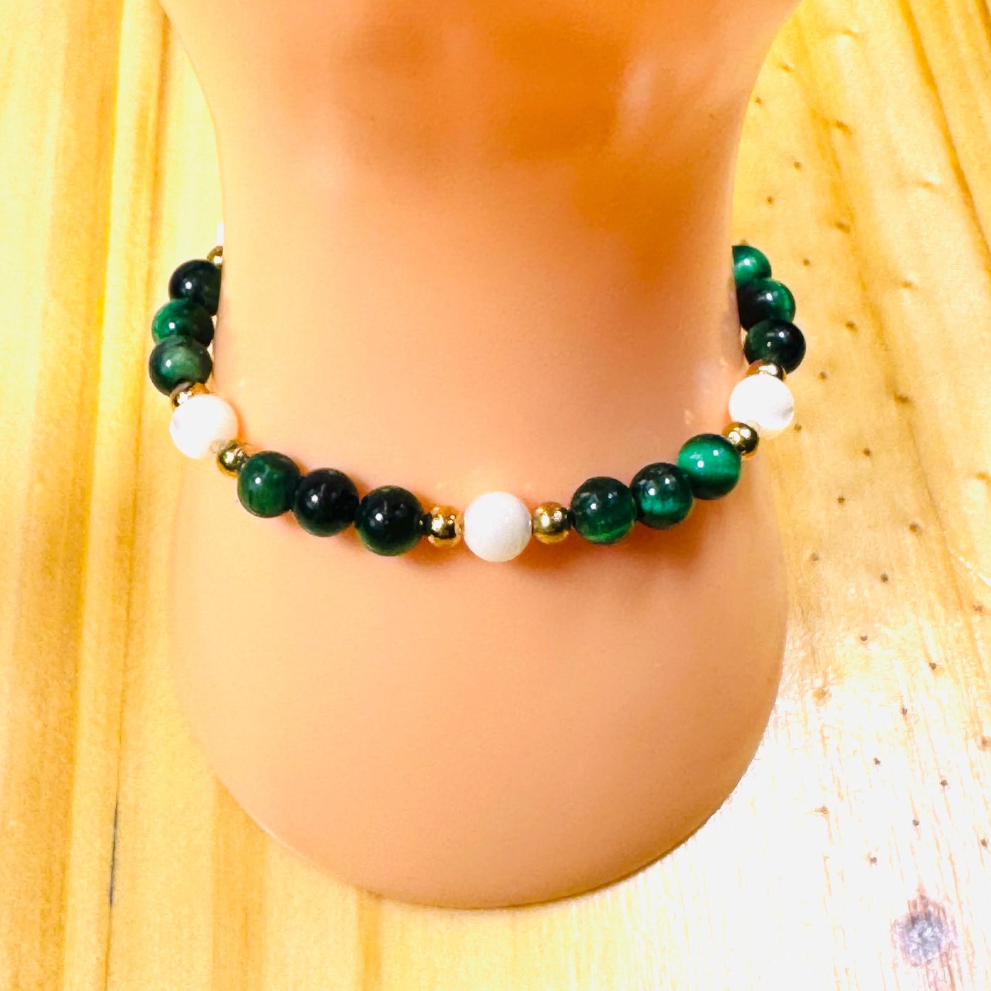 Balance, Courage, Stability, Anxiety, Heart Chakra, Spirituality, Strength, Willpower, Grounding, Green Tiger Eye Stretch Bracelet, 6.5”