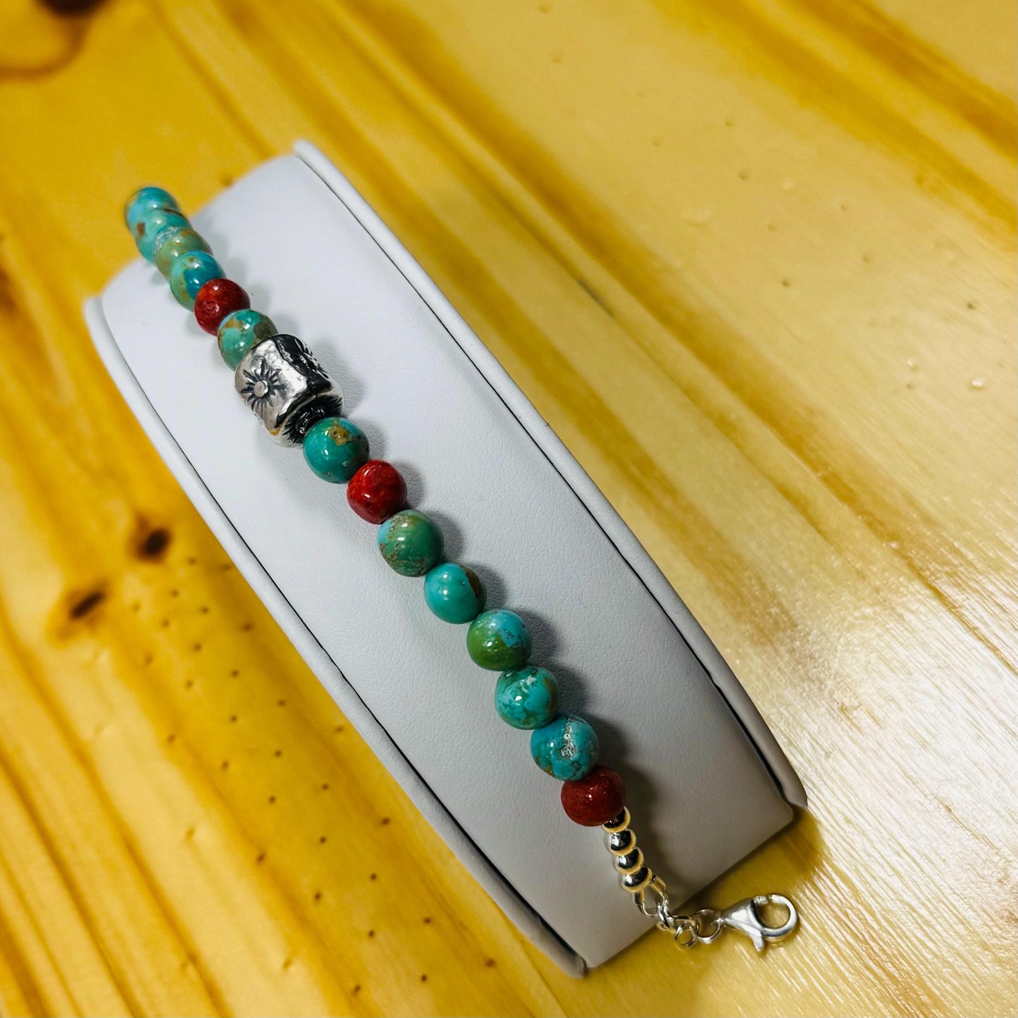 Handcrafted 925 Sterling Silver Bracelet – Kingman Turquoise AAA Blue/Green, Apple Coral Sun Centerpiece, Chain Extender   6.5” - 8”
