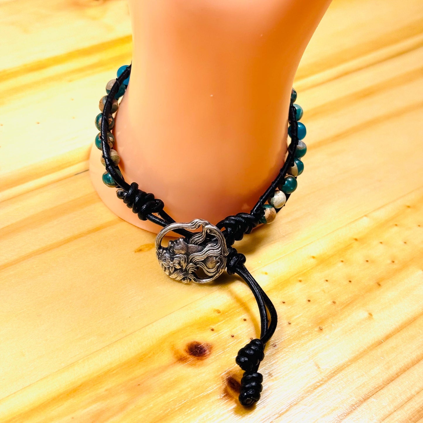 Peace, Tranquility, Spiritual Growth, Strength, Healing, Root & Heart Chakras, Imperial Jasper Leather Bracelet, Button Closure, 7” - 7.5”