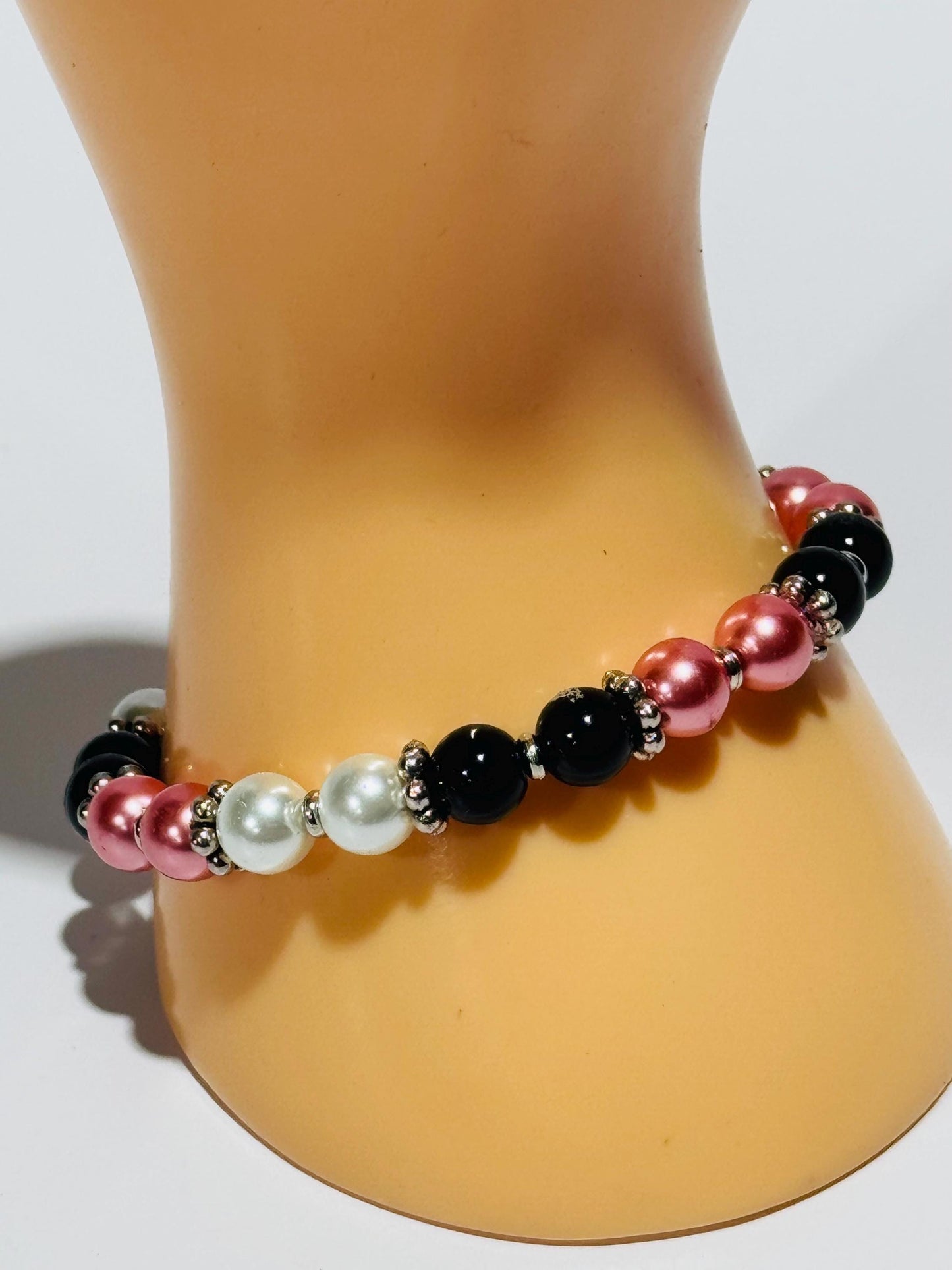 Black Onyx Stretch Bracelet, Pearl Stretch Bracelet, Minimalist, Boho, Beaded, Handmade, Strength, Confidence, New Beginning, Resilience, 7”