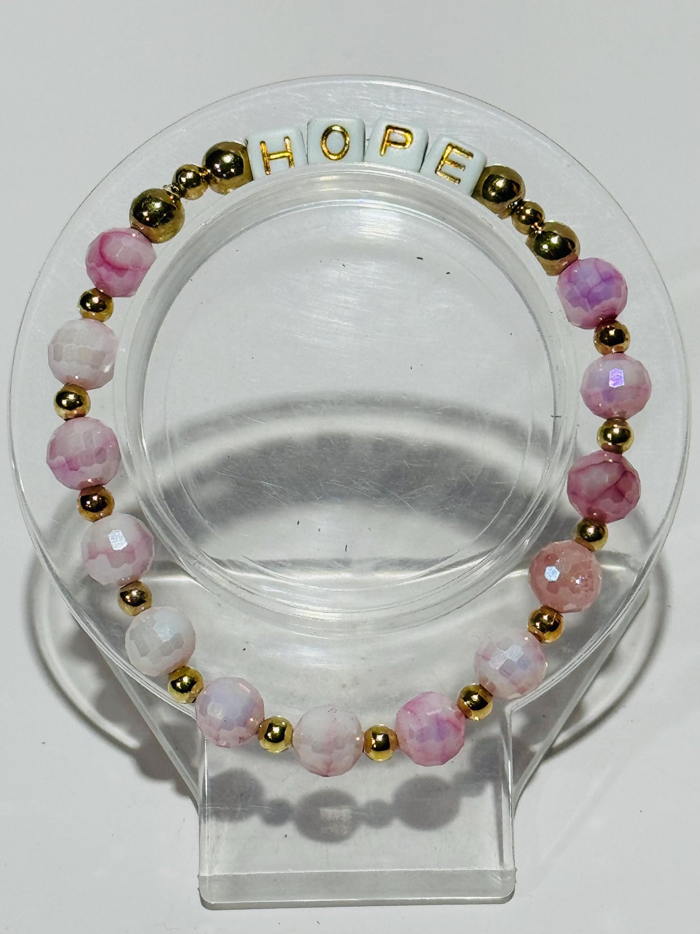 Hope Charm Stretch Bracelet, Dainty Pink Faceted Crystal Bead Bracelet, Pink Boho Bracelet, Minimalist, Stacking Bracelet, Gift, 6.5”