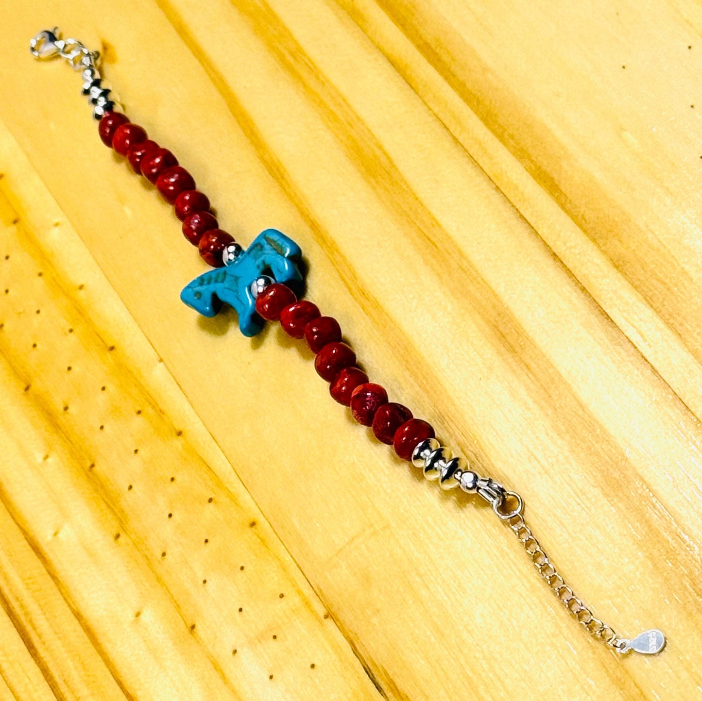 Handcrafted 925 Sterling Silver Bracelet – Apple Coral, Howlite-Turquoise Double Carved Stone Horse, Adjustable, Extender Chain 6” - 7.5”