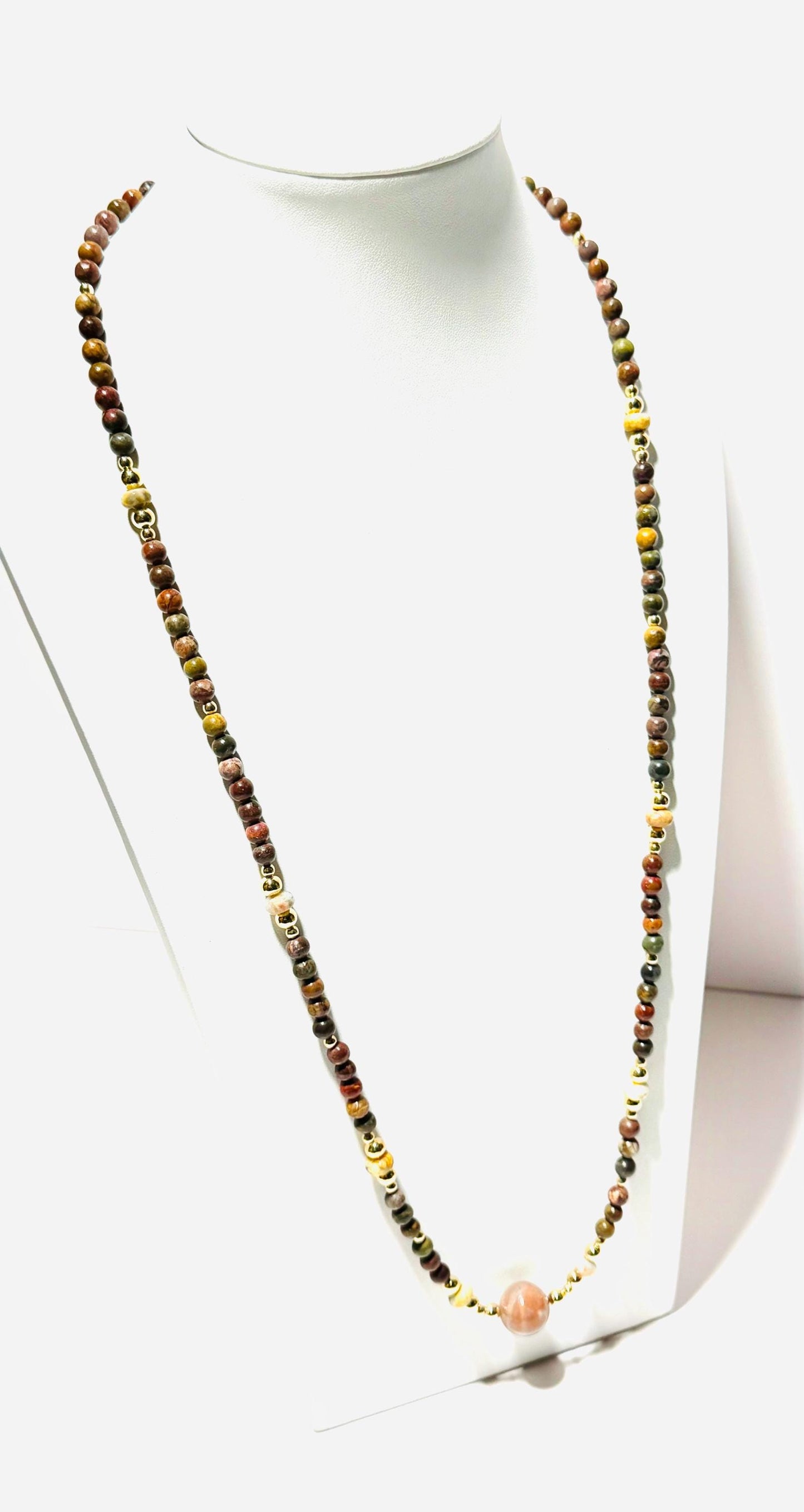 Picasso Jasper Necklace, Crazy Lace Agate Rondelles, 16mm Agate Centerpiece, Semi Precious Gemstone, Beads, Gift for Her, 34”, Encouragement