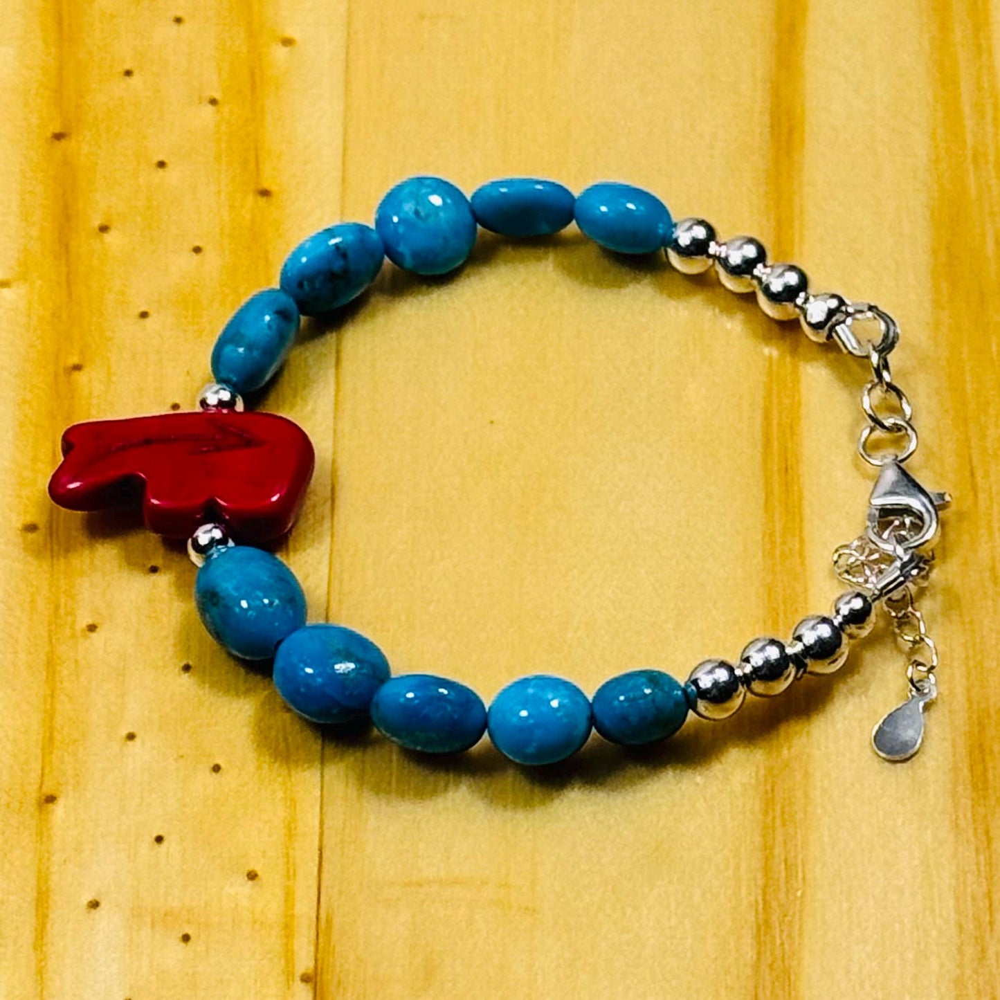 Handcrafted 925 Sterling Silver Bracelet – Apple Coral, Howlite-Turquoise Double Carved Stone Bear, Adjustable, Extender Chain 6.25” - 7.5”
