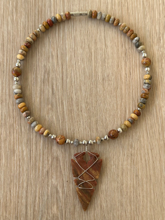 Beaded Pendant Necklace, Gemstone Necklace, Choker Necklace, Flint Arrowhead Pendant, Gift for Her, Agate, 17”, Encouragement