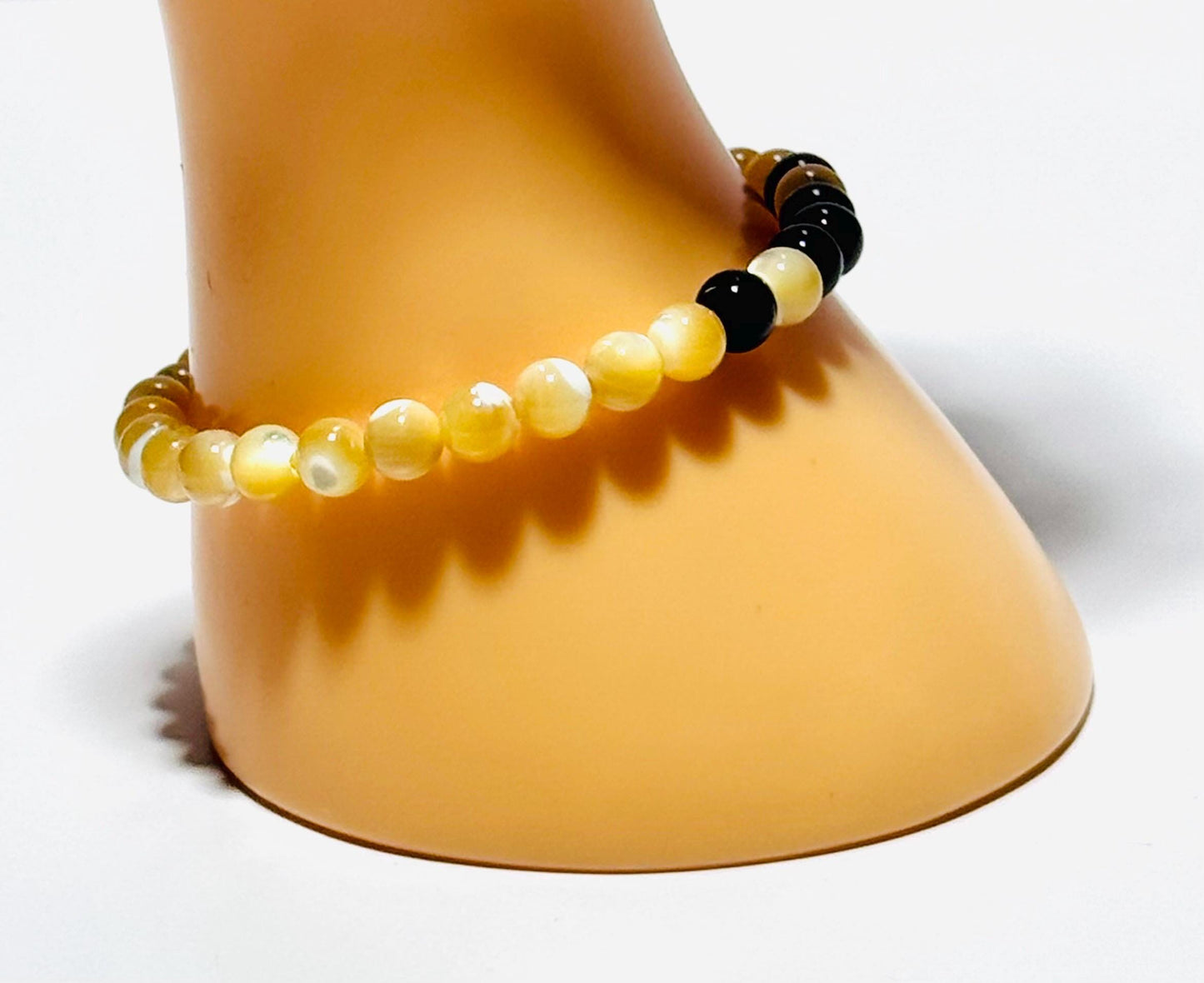Prosperity, Perseverance, Spiritual, Anxiety, Healing, Peace, Love, Heart Chakra, Mother of Pearl Stretch Bracelet, Black Onyx Bracelet 6.5”