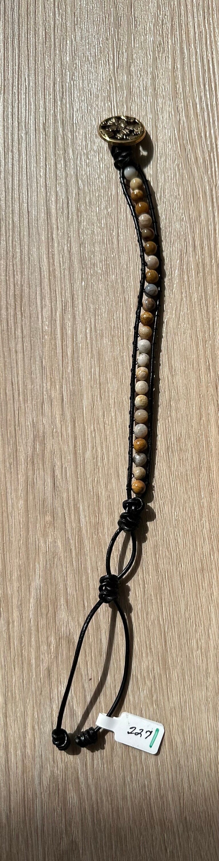 Crazy Lace Agate Bracelet, Black Leather Bracelet, Agate Bracelet, Boho, Minimalist, Snake Knots, Metal Flower Button Closure, Joy 7.5”