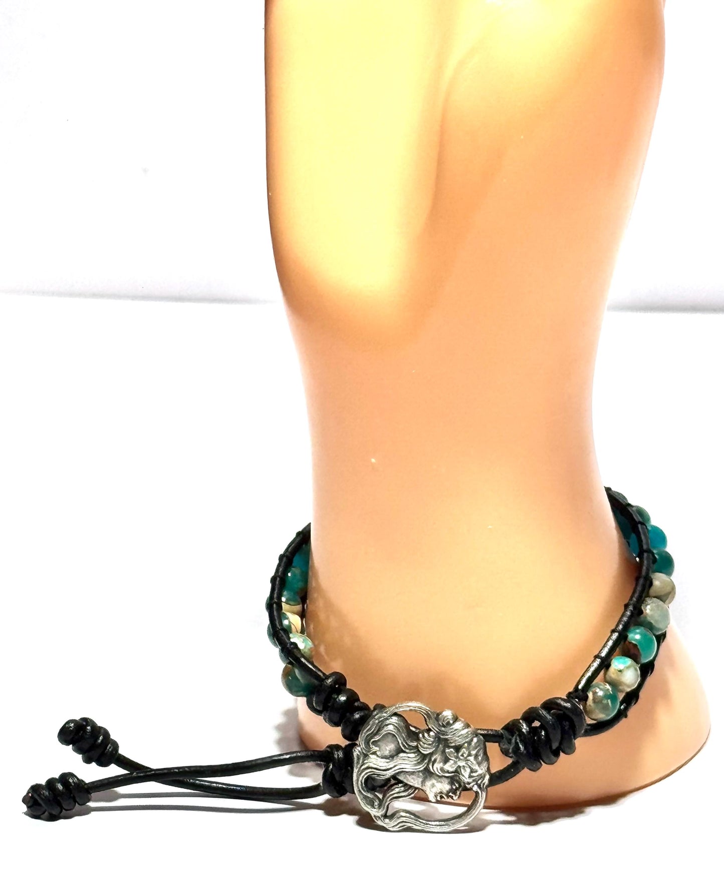 Peace, Tranquility, Spiritual Growth, Strength, Healing, Root & Heart Chakras, Imperial Jasper Leather Bracelet, Button Closure, 7” - 7.5”