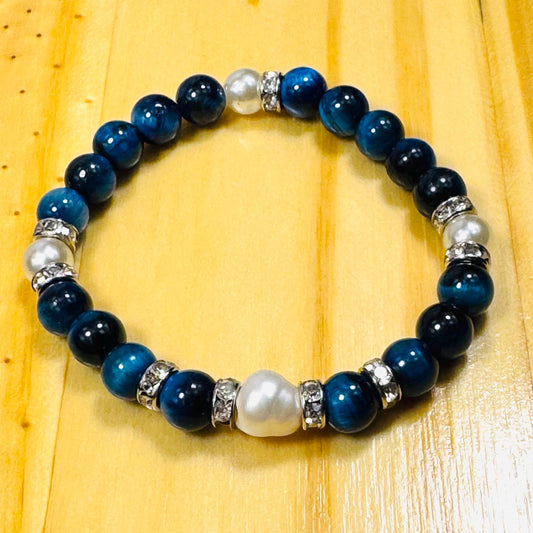Protection, Spiritual Growth, Mental Clarity, Empathy, Confidence, Patience, Strength, Tiger Eye Bracelet, Freshwater Pearl Bracelet, 7”
