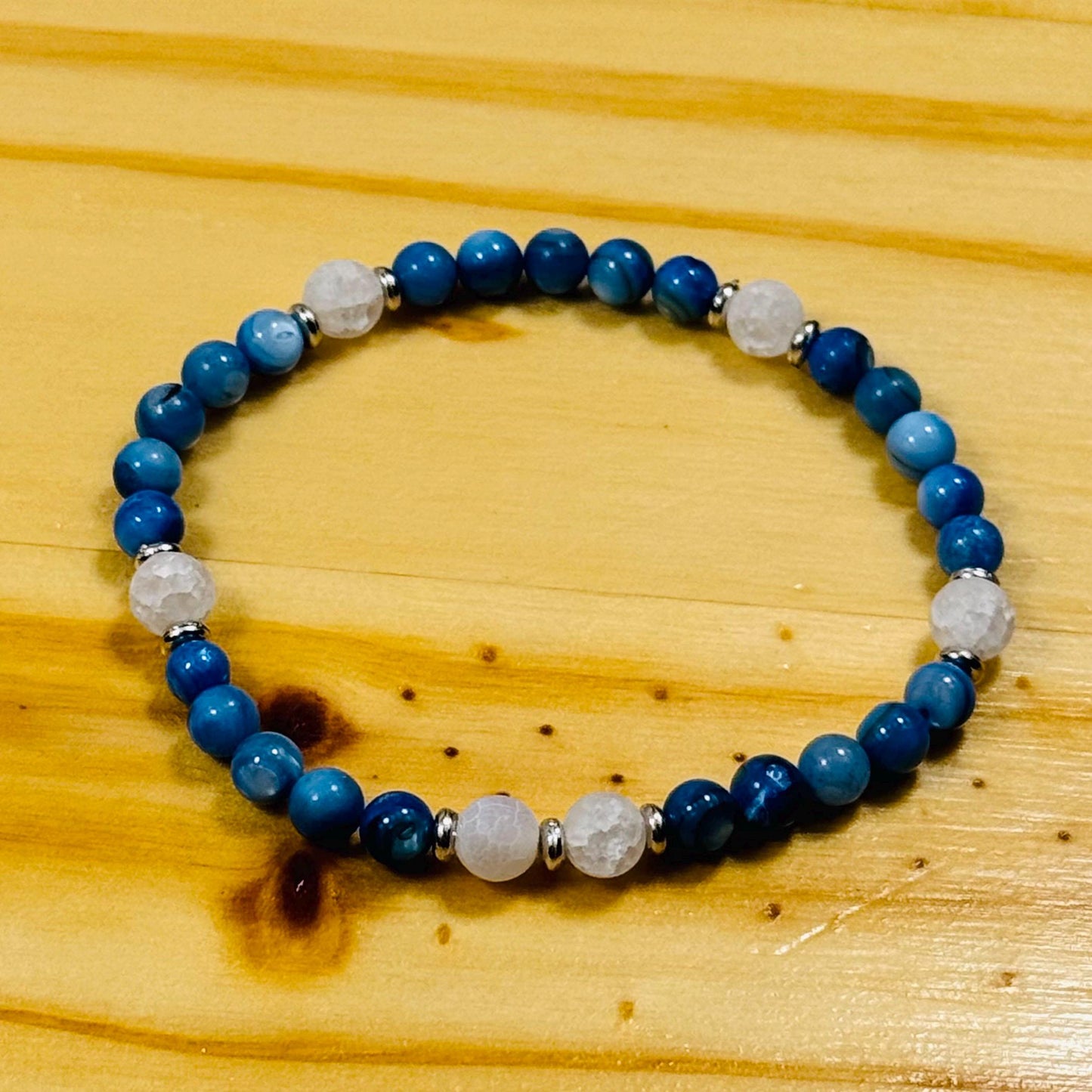 Natural Blue Quartzite Bracelet, Crackle Quartz Bracelet, Stretch, Boho, Minimalist, Dainty, Semi Precious Gemstones 7”, Enhances Reflection