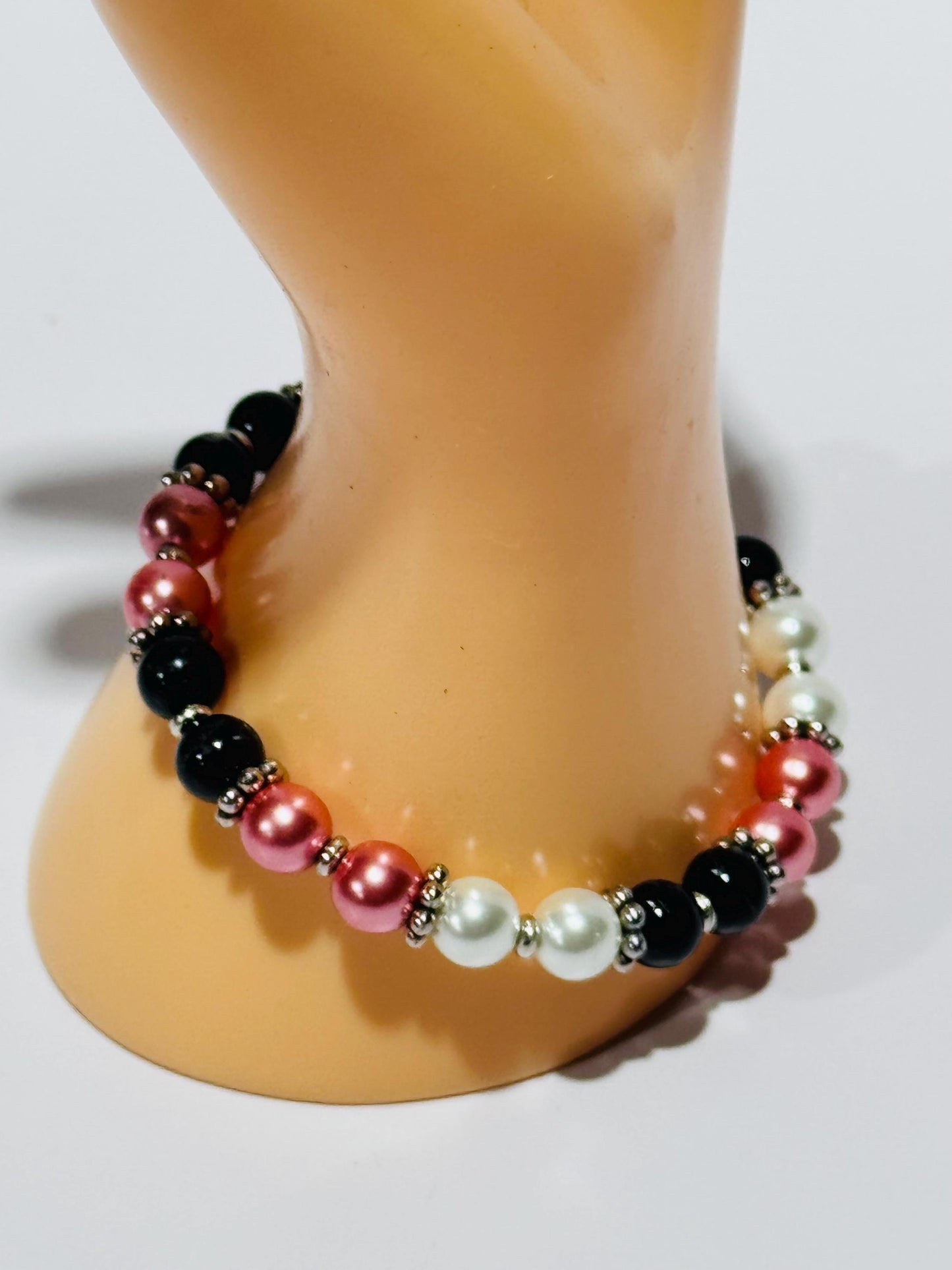 Black Onyx Stretch Bracelet, Pearl Stretch Bracelet, Minimalist, Boho, Beaded, Handmade, Strength, Confidence, New Beginning, Resilience, 7”