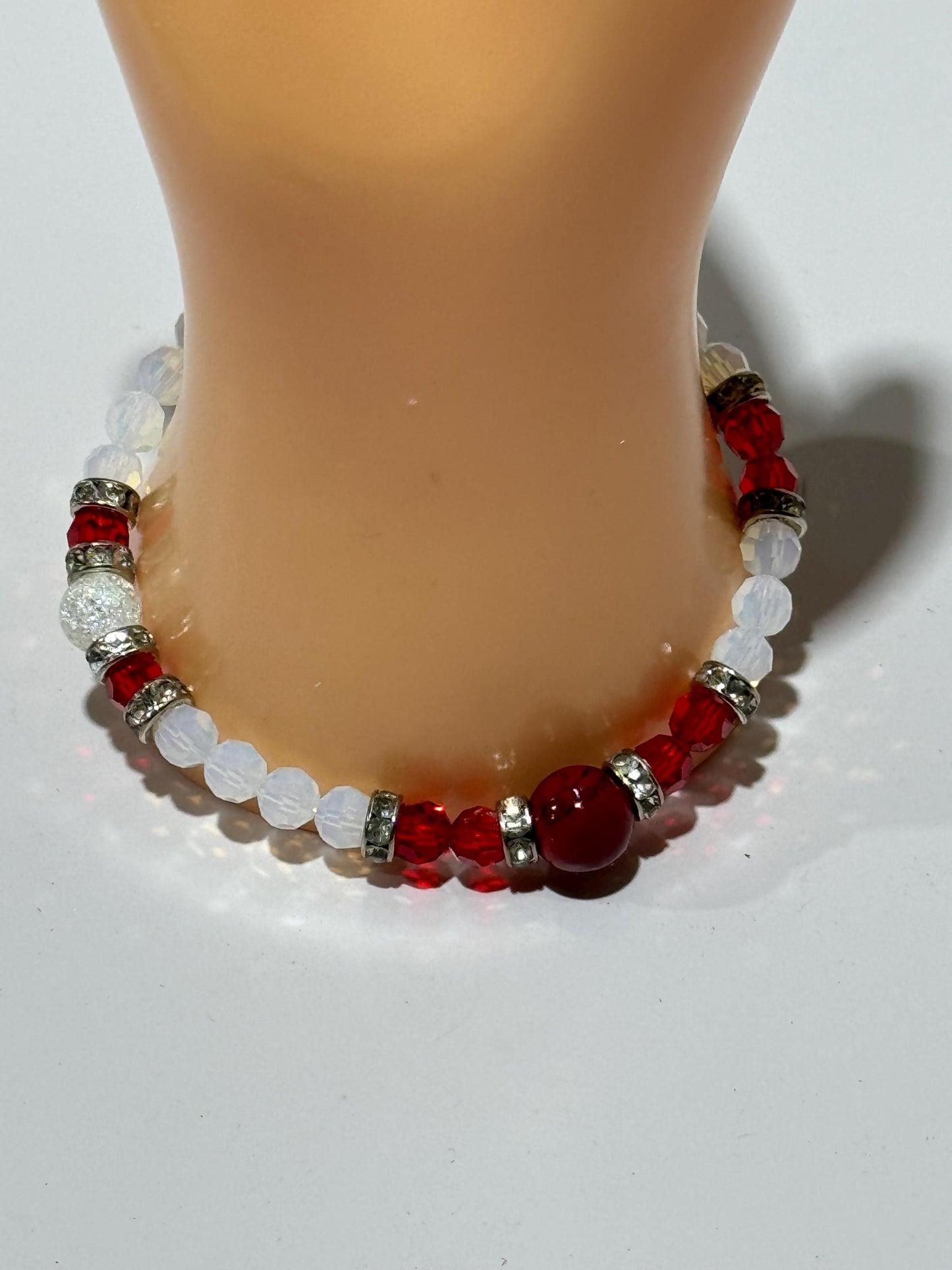 Rhinestone Red Quartzite Bracelet, Stretch Bracelet Handmade Beaded Bracelet, Red & White Faceted Glass Beads - Stacking, Boho, 7 1/2” Gift