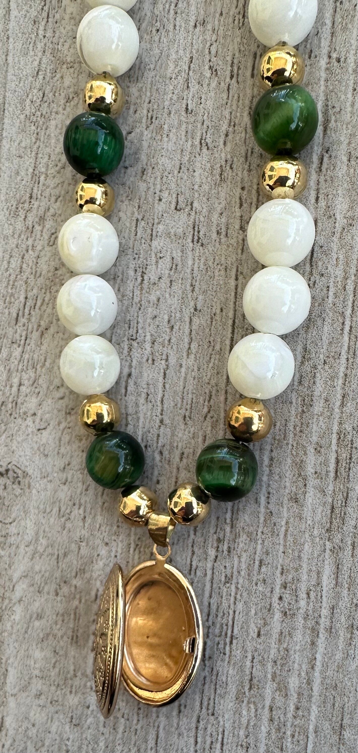 Mother of Pearl Pendant Necklace, Chunky, Boho, Locket Pendant, Gemstone Necklace, Gift for Her, Green Tiger Eye, Prosperity,  Courage, 26”