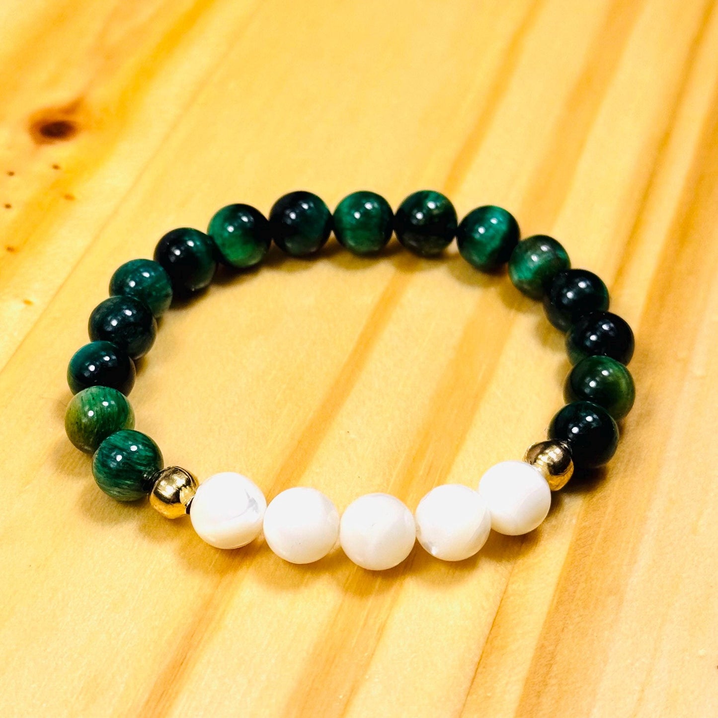 Peace, Love, Anxiety, Spiritual Growth, Balance, Heart Chakra, Stability, Courage, Strength, Green Tiger Eye Stretch Bracelet, 6.5”