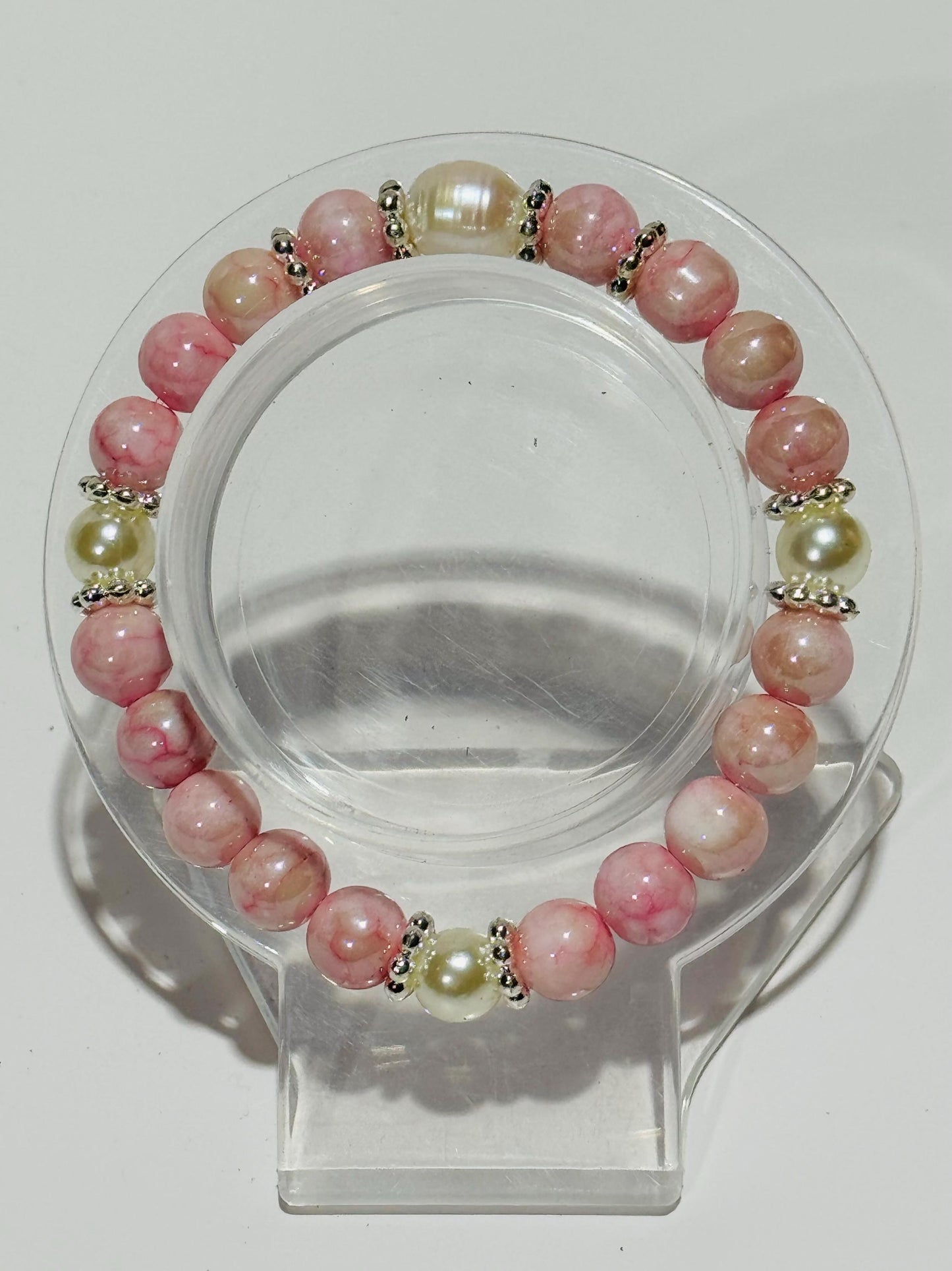 Pink Opalescent Crystal Bracelet, Pearl Stretch Bracelet, Fresh Water Pearl Bracelet, Boho Bracelet, Minimalist, Stacking, Gift 6.5”