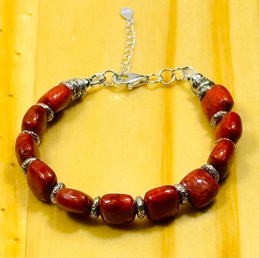 925 Sterling Silver Bracelet – Natural Apple Coral, Adjustable, Handcrafted, Karen Hill Tribe Sterling Eye Imprint Spacer Beads 6.25” - 7.5”