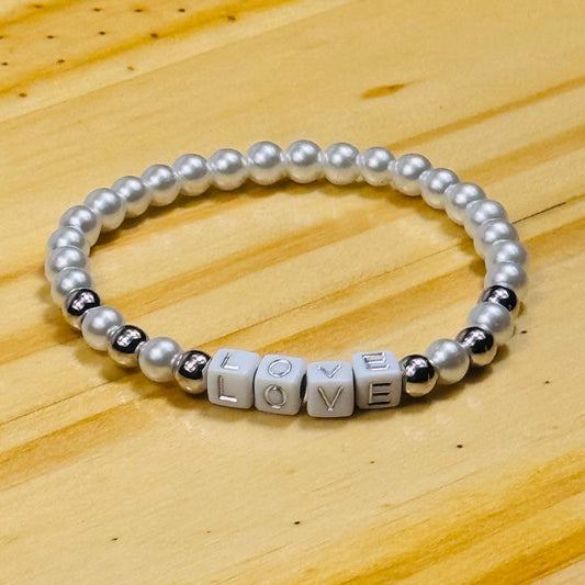 Charm Bracelet, Love Charm, Pearl Stretch Bracelet, Handmade Beaded Bracelet, Boho, Stacking, Minimalist, Bohemian, Gift 7”