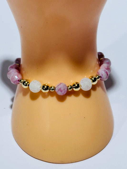 Pink Opalescent Bracelet, Pink Stretch Bracelet, White Crackle Quartz, Minimalist, Bohemian, Stacking, Boho, Dainty, Gift, 6”