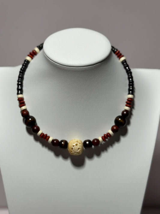 Beaded Necklace, Choker Necklace, Carved Bone Center Piece, Wood Beads, 17”