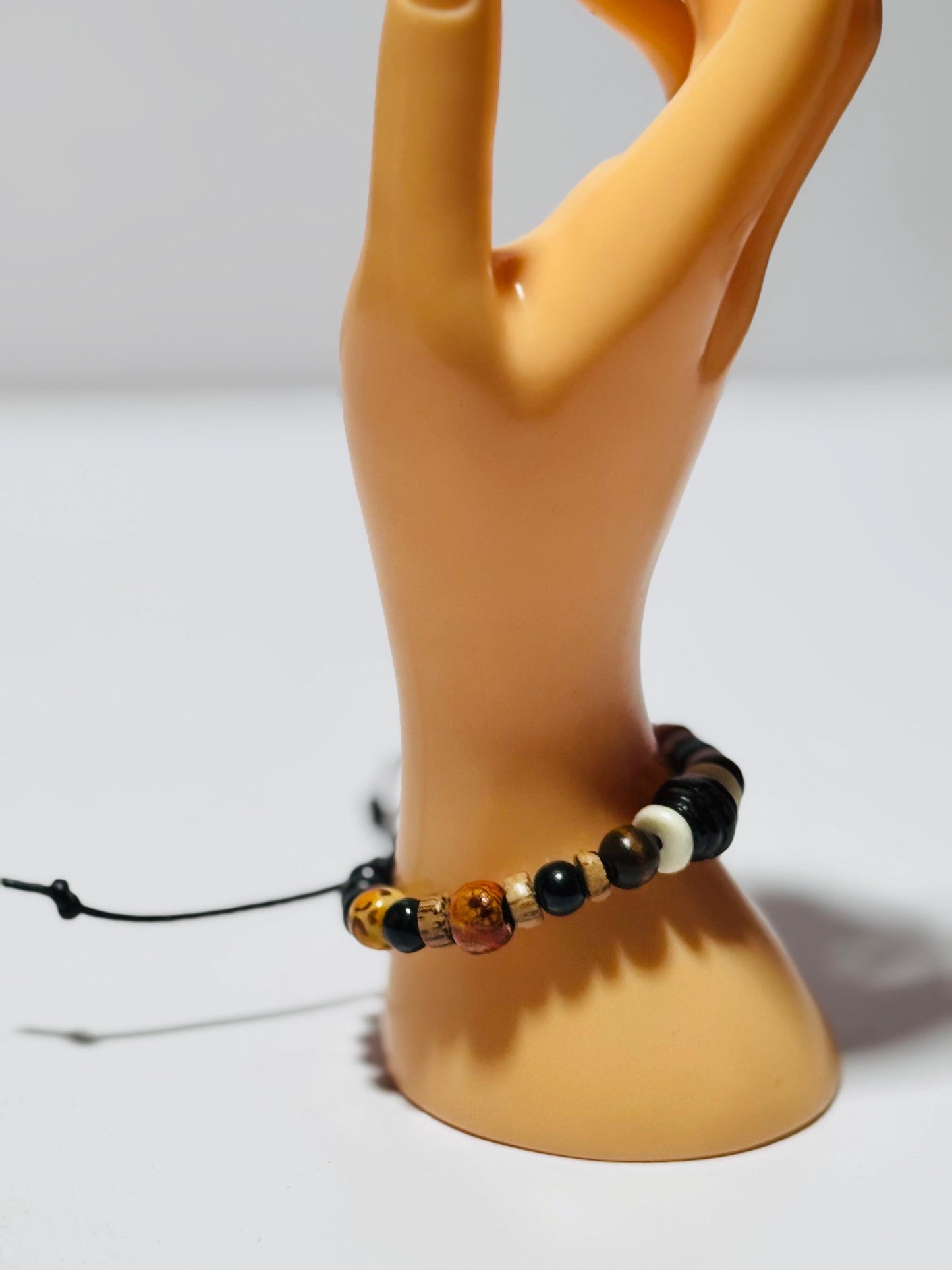 Adjustable Bracelet with Wood Beads, Bone Highlights & Leather Cord, 6 1/2” - 8 1/2”, Boho, Beaded Bracelet, Gift