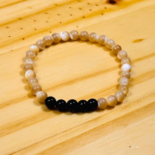 Perseverance, Love, Healing, Peace, Anxiety, Heart Chakra, Mother of Pearl Stretch Bracelet, Black Onyx Bracelet, Boho, Minimalist, 6.75”