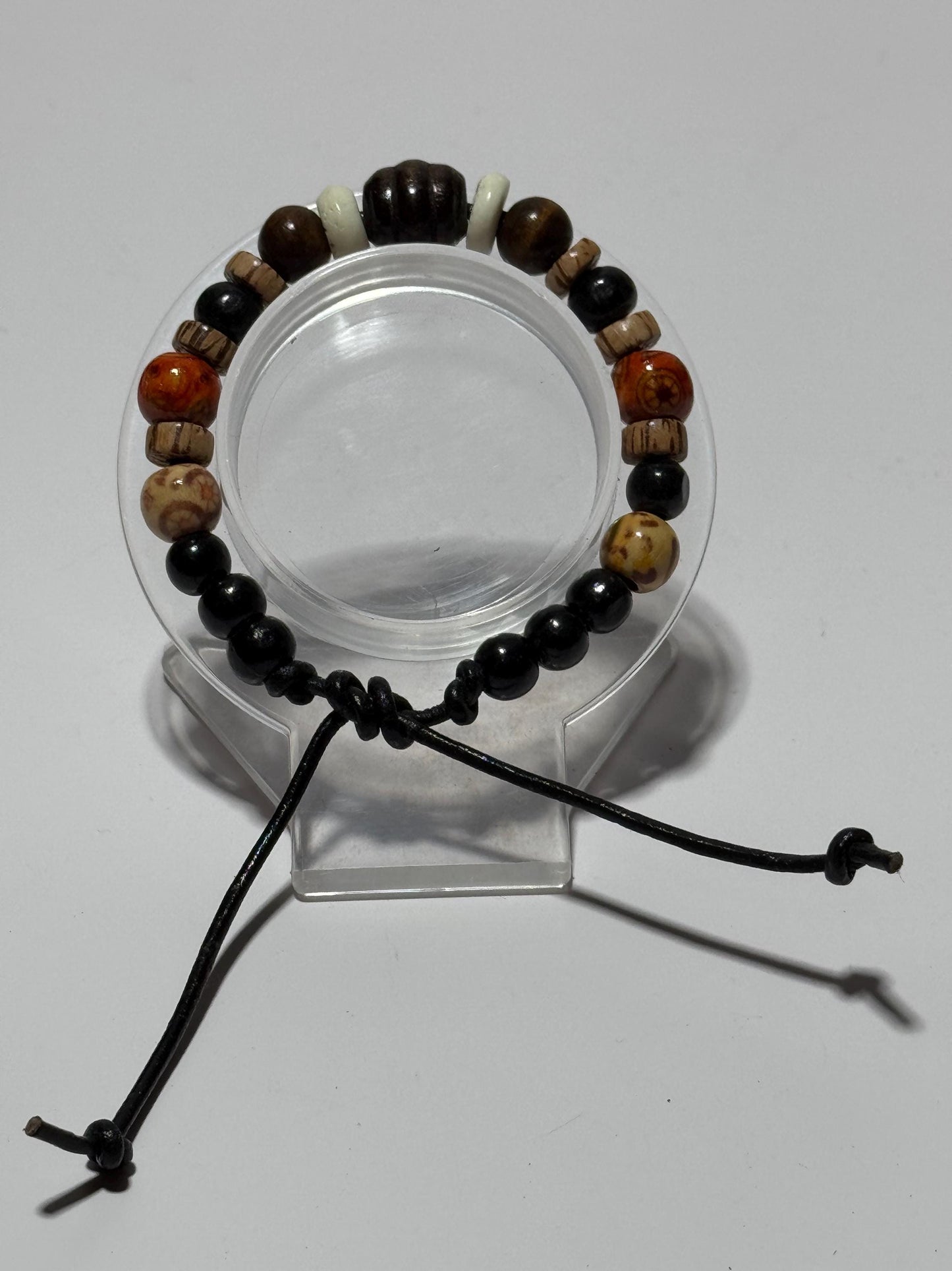 Adjustable Bracelet with Wood Beads, Bone Highlights & Leather Cord, 6 1/2” - 8 1/2”, Boho, Beaded Bracelet, Gift