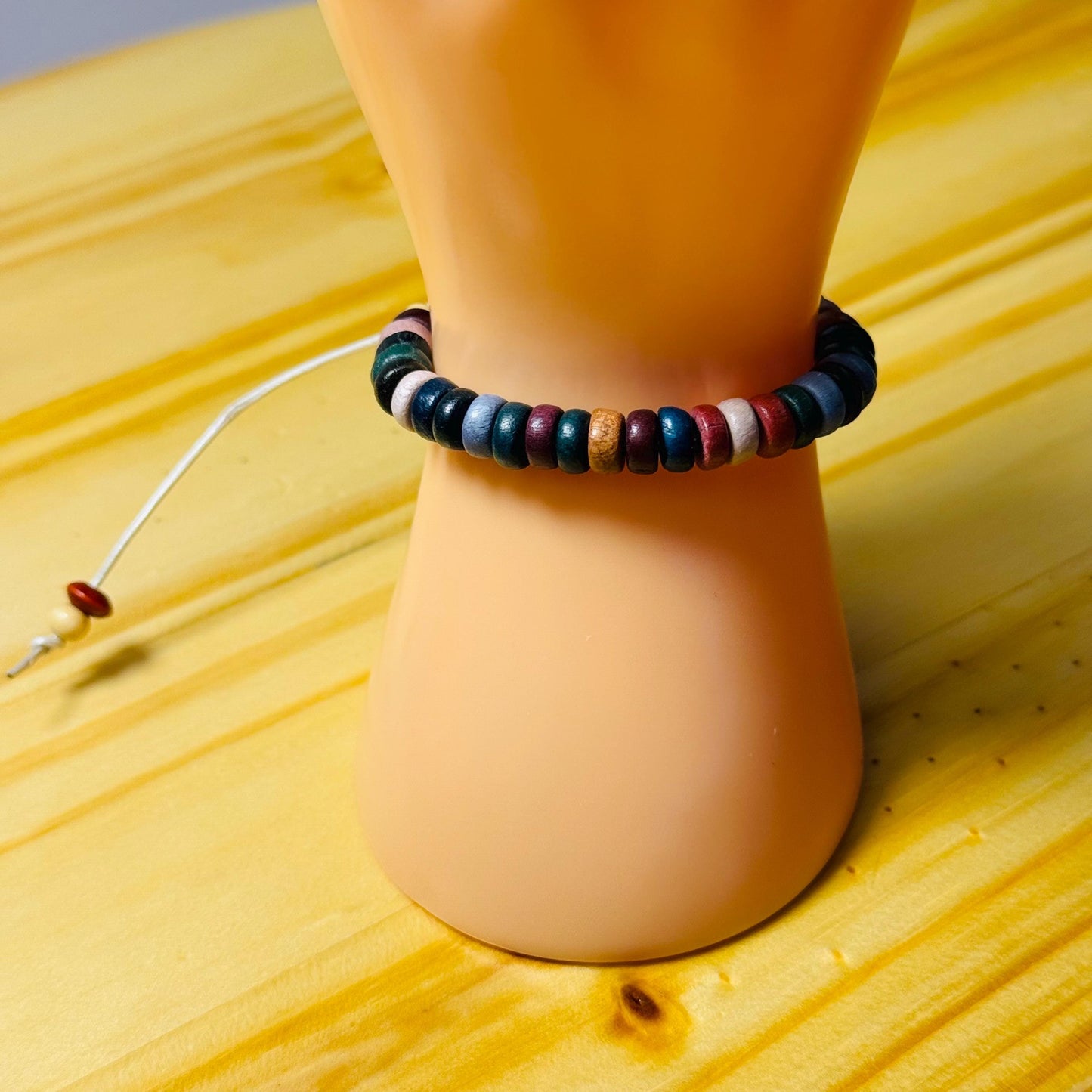 Adjustable Wood Bracelet, Motorcycle Wood Bracelet, Wood Biker Bracelet, Painted Wood Bracelet, Boho Bracelet, Leather Cord,  5 1/2 - 8”